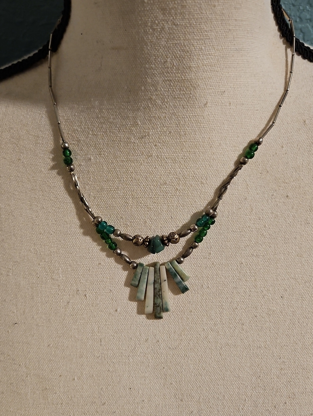 Silver Inspired Green Beaded Layered Necklace -